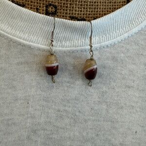 Vintage Blown Glass bead Earrings burgundy /gold metallic on goldtone wire